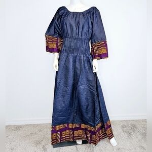 Maxi  Denim Off-shoulder Dress Printed trim - One Size Fits M - 2XL